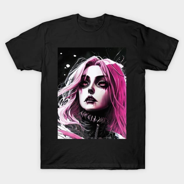 The Art of Minimalism: Exploring Black and White Anime Girl Masterpieces Gothic Goth Fashion Dark Pink Hair T-Shirt by ShyPixels Arts